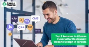 Designer working on laptop with coding icons for restaurant website design in Toronto