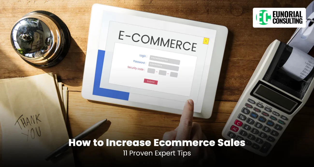 Tablet showing ecommerce login screen with tips on increasing online sales
