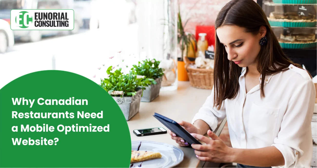 Businesswoman in cafe exploring benefits of mobile optimized websites for Canadian restaurants