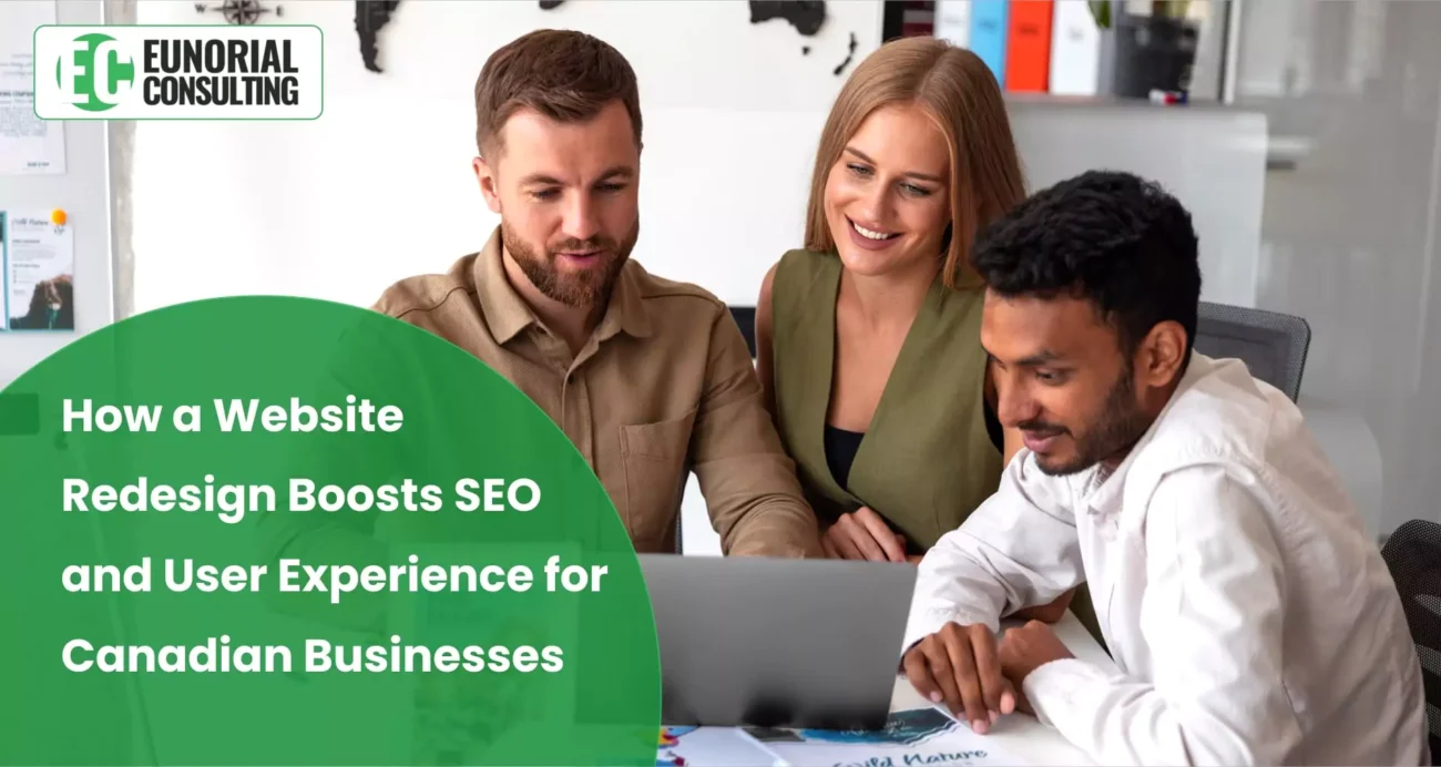 Team discussing website redesign strategy to boost SEO and user experience for Canadian businesses