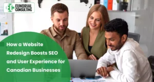 Team discussing website redesign strategy to boost SEO and user experience for Canadian businesses